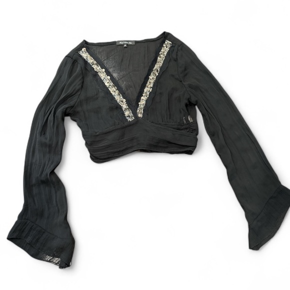 Heart Moon Star Tops - 🟠Heart Moon Star Black Sheer Tie Back Blouse w/ Silver Accents & Flare Cuff Sz M